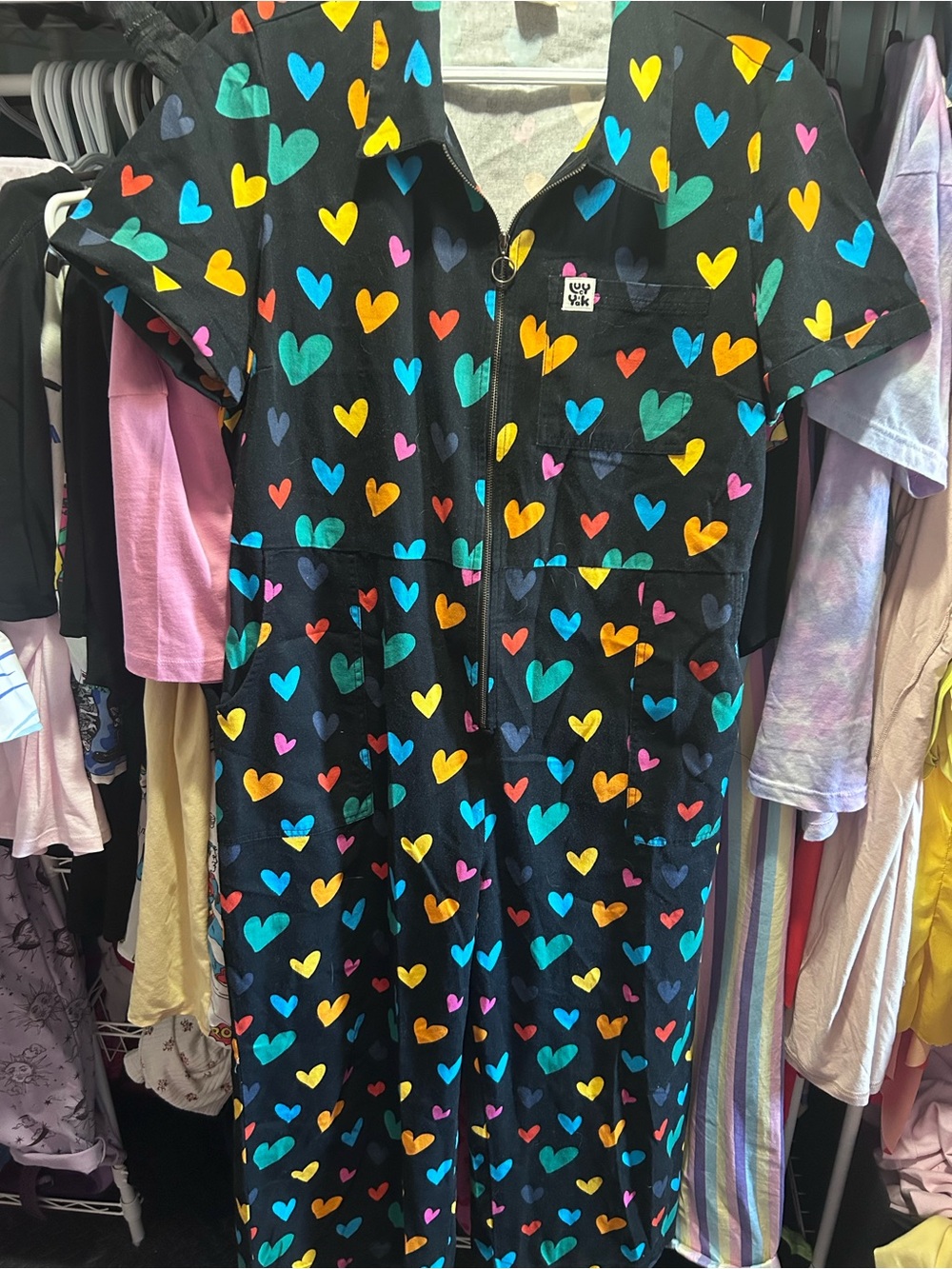 Lucy & Yak Ragan Black Cupid Jumpsuit with Multicolor Heart Print